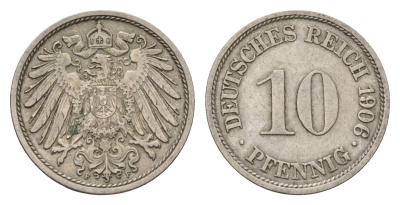 Германия 10 пфеннигов 1906 F, Вильгельм II (1888-1918) KM 12, J. 13 медно-никель 4636-857