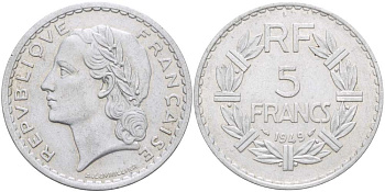 Франция 5 франков 1949 тип Лаврийе KM 888b.1, LE FRANC 339.17 алюминий 4521-322
