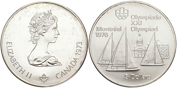 Канада 5 долларов 1973 XXI летние Олимпийские игры в Монреале 1976 года, парусники в Монреале KM 84 серебро UNC 02-251-36