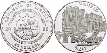Либерия 20 долларов 2000 серия памятники архитектуры, Мадрид KM 640 серебро PROOF 01-107-34