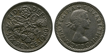 Великобритания 6 пенсов 1960 Елизавета II (1952-2022) KM 903, Spink 4149 медно-никель 4381-729