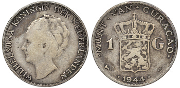 Нидерландское Кюрасао 1 гульден 1944 D, Вильгельмина (1890-1948) KM 45 серебро 36-243