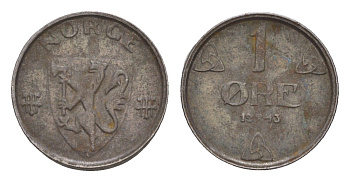 Норвегия 1 эре 1943 Хокон VII (1905-1957) KM 387 железо 4658-125