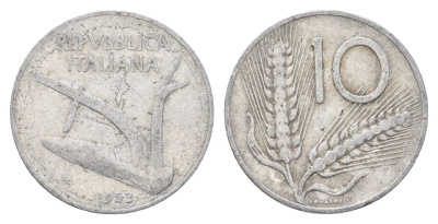 Италия 10 лир 1953 R, плуг, колосья KM 93 алюминий 4704-525
