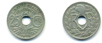 ФРАНЦИЯ 25 САНТИМОВ 1918 KM 867а медно-никель 80-631