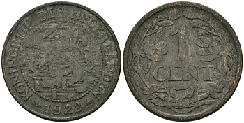 Нидерланды 1 цент 1922 Вильгельмина (1890-1948) KM 152 бронза 4576-1052