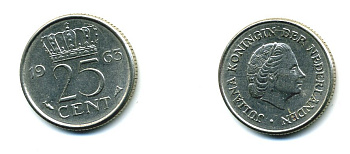 НИДЕРЛАНДЫ 25 ЦЕНТОВ 1963 ЮЛИАНА KM 183 никель 76-457