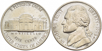 США 5 ЦЕНТОВ 1992 D, ДЖЕФФЕРСОН KM А192 медно-никель 4546-1223