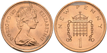 Великобритания 1 пенни 1971 Елизавета II (1952-2022) KM 915, Spink 4237 (B1) бронза 92-642