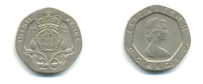 Великобритания 20 пенсов 1982 Елизавета II (1952-2022) KM 931, Spink 4230 (G1) медно-никель 59-314