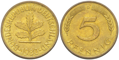 ФРГ 5 ПФЕННИГОВ 1980 D KM 107, J. 382 сталь плакированная латунью 4181-968