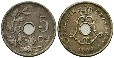 Бельгия 5 сантимов 1906 Belgie, Леопольд II (1865-1909) KM 55 медно-никель 4173-147