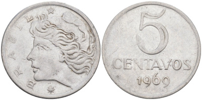 Бразилия 5 сентаво 1969  голова свободы влево KM 577.2, Schon 82a нержавеющая сталь 213-737