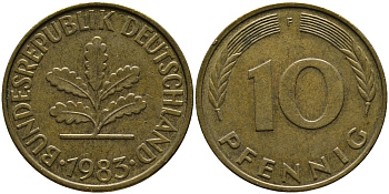 ФРГ 10 ПФЕННИГОВ 1983 F KM 108, J.383 сталь плакированная латунью 33-153