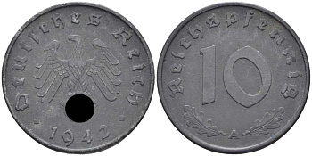 ГЕРМАНИЯ 10 РЕЙХСПФЕННИГОВ 1942 A KM 101, J. 371 цинк 4401-625