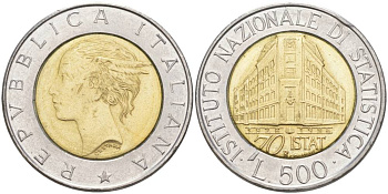 ИТАЛИЯ 500 ЛИР 1996 R, 70 ЛЕТ НАЦИОНАЛЬНОМУ ИНСТИТУТУ СТАТИСТИКИ KM 181 биметалл 4551-1136