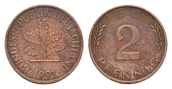 ФРГ 2 пфеннига 1991 G KM 106a, J. 381a сталь плакированная медью 187-742