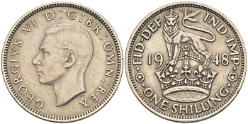 Великобритания 1 шиллинг 1948 Георг VI (1936-1952), Английский герб KM 863, Spink 4105 медно-никель 83-1031