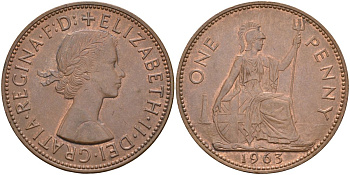 Великобритания 1 пенни 1963 Елизавета II (1952-2022) KM 897, Spink 4157 бронза 4117-846