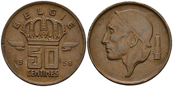 Бельгия 50 сантимов 1958 Belgie, Бодуэн I (1951-1993) KM 149 бронза 4189-855