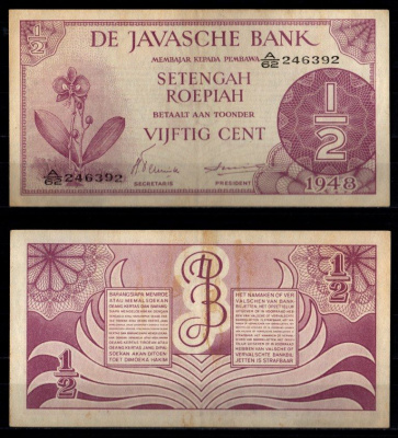 Нидерландская Индия 1/2 рупии (50 центов) 1948 Pick 97 бумага 6266-3-2-2