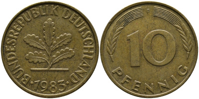 ФРГ 10 ПФЕННИГОВ 1983 F KM 108, J.383 сталь плакированная латунью 33-153