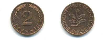 ФРГ 2 ПФЕННИГА 1962 D KM 106, J.381 бронза 176-665