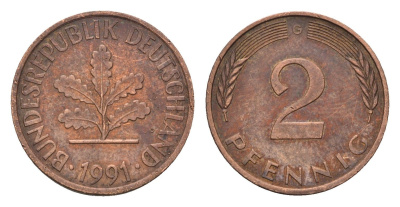 ФРГ 2 пфеннига 1991 G KM 106a, J. 381a сталь плакированная медью 187-742