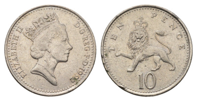 Великобритания 10 пенсов 1992 Елизавета II (1952-2022) KM 938b, Spink 4367 (F4) медно-никель 3336-643