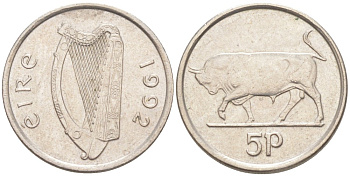 Ирландия 5 пенсов 1992 бык KM 28 медно-никель 188-125