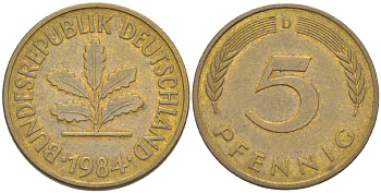 ФРГ 5 ПФЕННИГОВ 1984 D KM 107, J. 382 сталь плакированная латунью 4181-1021