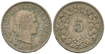 Швейцария 5 раппенов 1906 B KM 26 медно-никель 4615-523