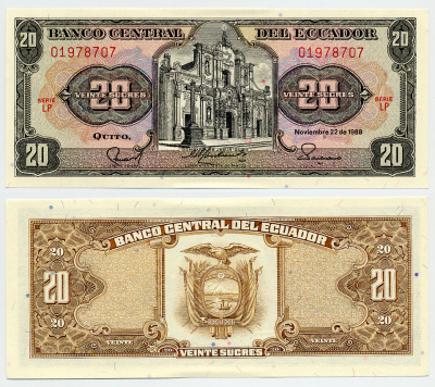 ЭКВАДОР 20 СУКРЕ 1988 Pick 121Аа бумага aUNC 6283-5-2