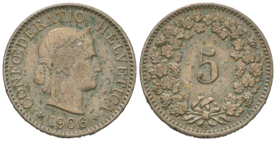Швейцария 5 раппенов 1906 B KM 26 медно-никель 4615-523