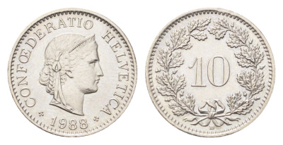 Швейцария 10 раппенов 1988 B KM 27 медно-никель 4705-865