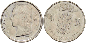 БЕЛЬГИЯ 1 ФРАНК 1976 BELGIQUE, БОДУЭН I (1951-1993) KM 142.1 медно-никель 202-1111