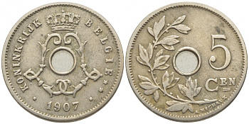 БЕЛЬГИЯ 5 САНТИМОВ 1907 BELGIE KM 55 медно-никель 112-226