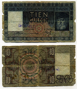 НИДЕРЛАНДЫ 10 ГУЛЬДЕНОВ 1939 НАДПЕЧАТКА GESTELD Pick 49 бумага 8595-10-1-1