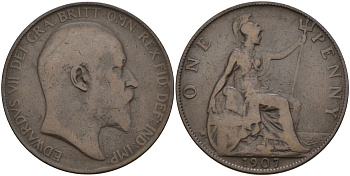 Великобритания 1 пенни 1907 Эдуард VII (1901-1910) KM 794.2, Sp 3990 бронза 4149-643