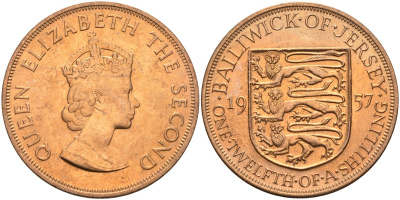 Джерси 1/12 шиллинга 1957 Елизавета II (1952-2022) KM 21 бронза aUNC 4367-322