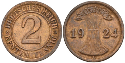 Германия 2 рентенпфеннига 1924 A KM 31, J. 307 бронза 4147-1242