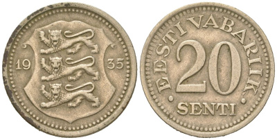Эстония 20 центов 1935 Республика (1918-1941) KM 17 никель бронза 4615-1122