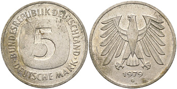 ФРГ 5 марок 1979 G KM 140.1, J.415 никель покрытый медно-никелем 4139-122