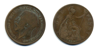 Великобритания 1 пенни 1919 Георг V (1910-1936) KM 810, Spink 4051 бронза 47-214