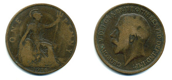 Великобритания 1 пенни 1916 Георг V (1910-1936) КМ 810, Spink 4051 бронза 41-136