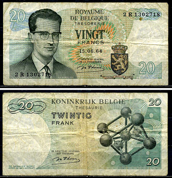 Бельгия 20 франков 1964 Бодуэн I, атомиум, d Haeze Pick 138 (1) бумага 6299-44-1-2