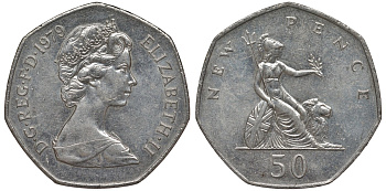 Великобритания 50 пенсов 1979 Елизавета II (1952-2022) KM 913, Spink 4223 (H1) медно-никель 4123-835