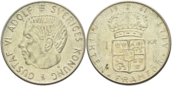 Швеция 1 крона 1961 U, Густав VI Адольф (1950-1973) KM 826 серебро 4610-926