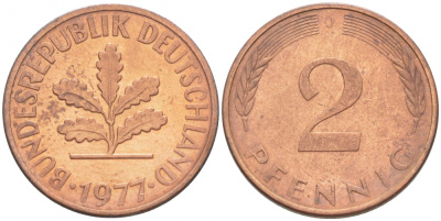 ФРГ 2 пфеннига 1977 J KM 106а, J.381а сталь плакированная медью 3996-1115