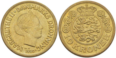 ДАНИЯ 10 КРОН 1990 LG; JP; A, МАРГРЕТЕ II (1972-) KM 867.2 алюминиевая бронза 202-842